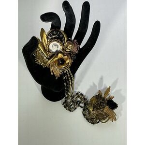 Vintage 1980s Maximal Art Assemblage Double Chain Brooch Pin Resin RARE Signed